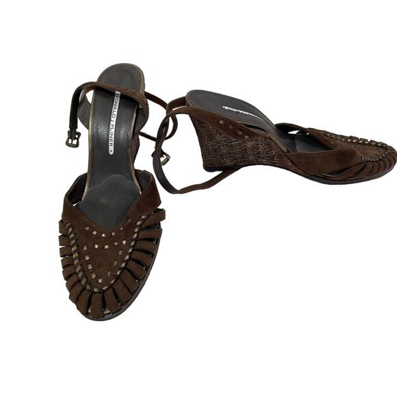 Donald J. Pliner Queta S1 Brown Suede Ankle Strap Wedge Heels Sz 9M - Picture 1 of 12